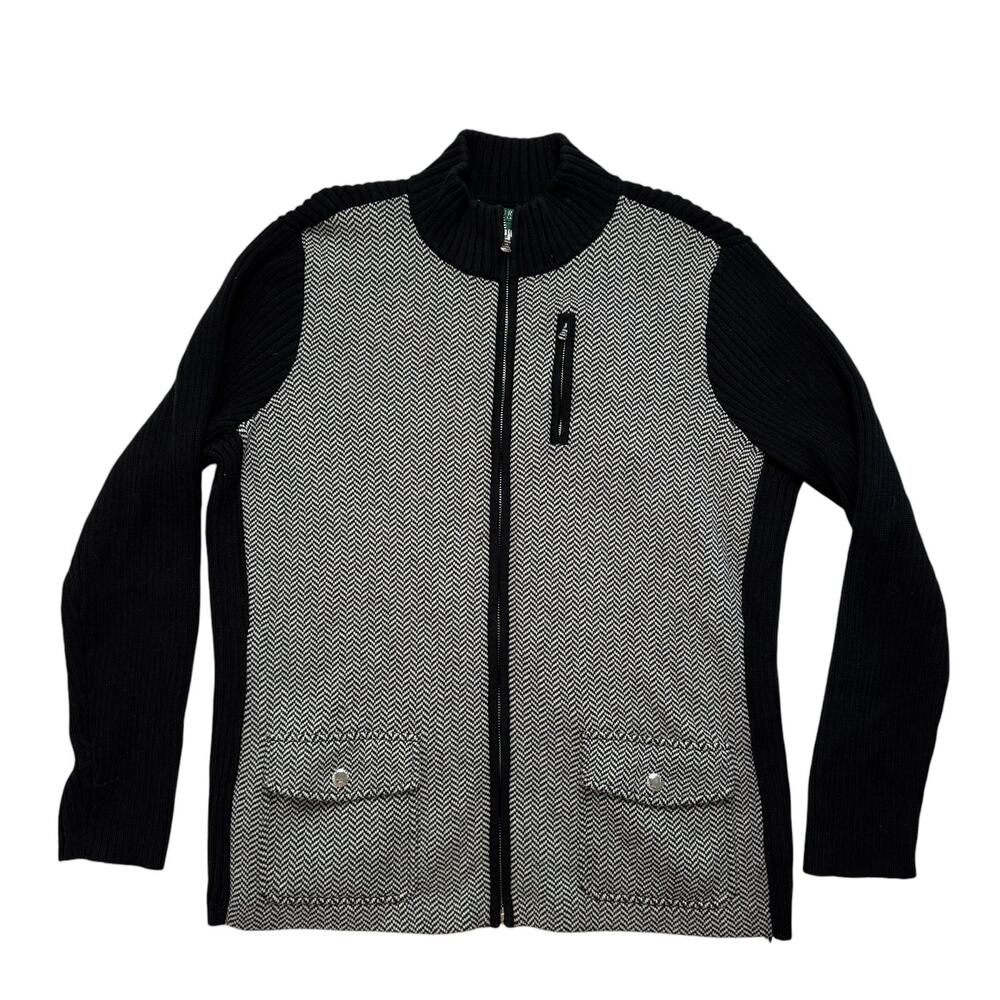 RALPH LAUREN LRL Herringbone Colorblock Zip Cardigan Sweater Size 1X Black White - Picture 4 of 9